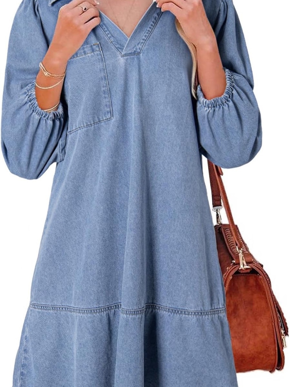 Light Blue Denim V-Neck Denim Dress
